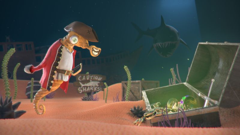 3D render of a pirate sea horse finding a chest of gold. But beware, a shark in the background is after him