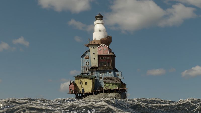 Render of the full lighthouse in daylight, out in the ocean