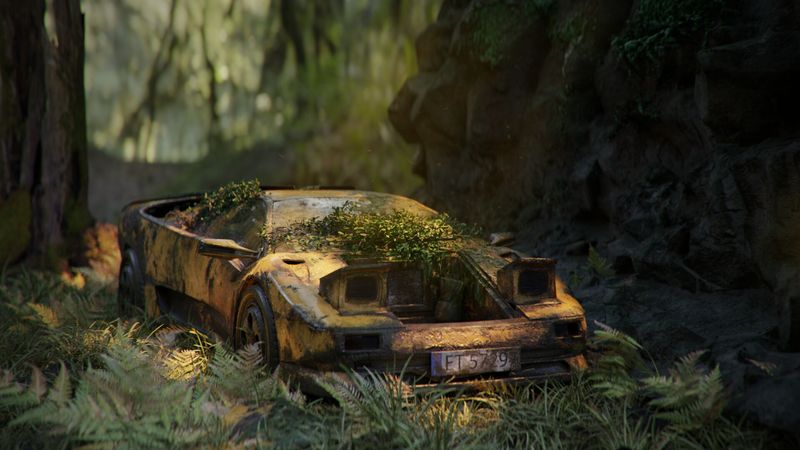 A Lamborghini abandoned in the forest, 3D render